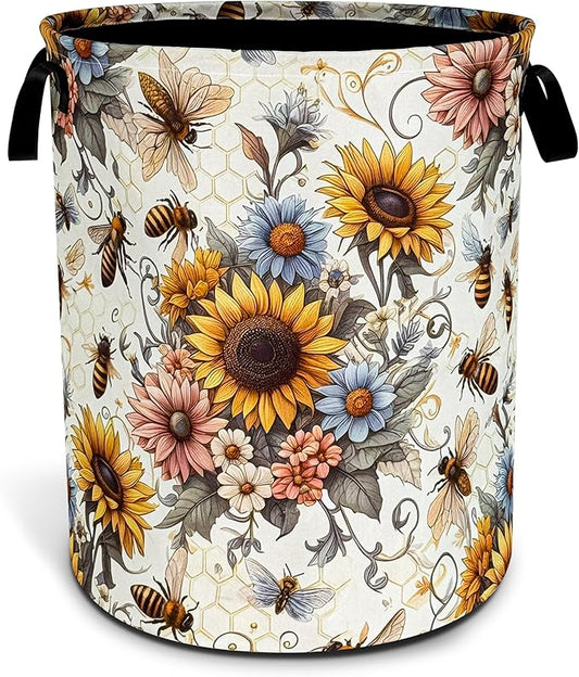 Bee Sunflower Laundry Basket Flower Foldable Oxford Cloth Funny Tote Bag Laundry Hamper Clothes Storage Bucket Toy Organizer For Bathroom/Laundry Storage/Bedroom 18.9x16.5 Inch