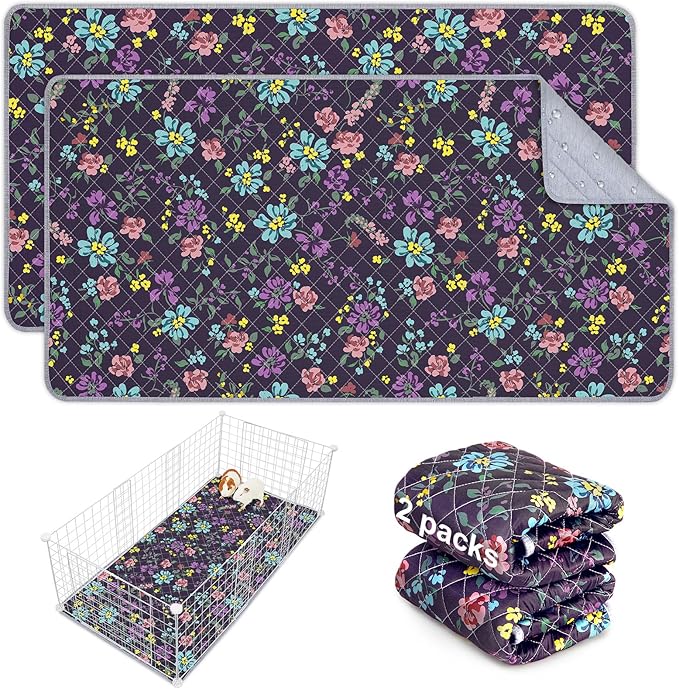 Bienbee Guinea Pig Bedding, 2 Pack 47" x 24" Reusable Guinea Pig Cage Liner Waterproof and Absorbent Small Animal Bedding Washable Pee Pads for Small Pet Hamster Rabbit Squirrel, Vintage Flowers