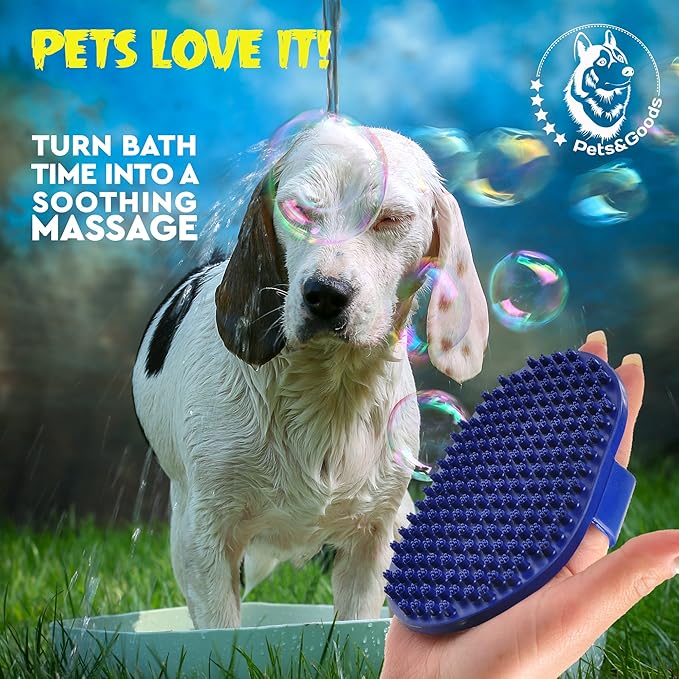 Pets&Goods Rubber Grooming Brush for Dogs & Cats - Gentle Deshedding Bath Brush for Short & Medium Hair - Soft Bristles, Anti-Slip Grip, Easy to Clean