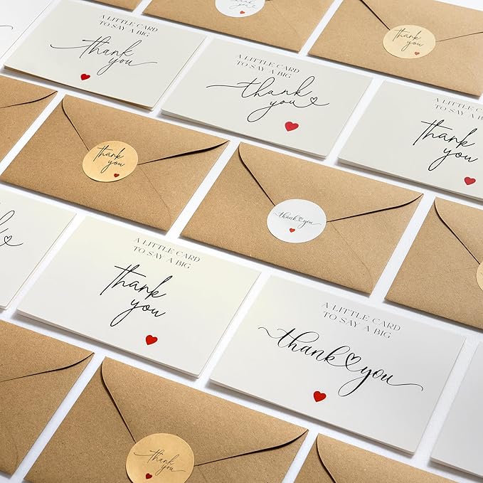100 Bulk Thank You Cards with Kraft Envelopes and Stickers - 4 Minimalistic Designs Blank Thank You Notes with Envelopes and Heart for Business Wedding Bridal Gift Baby Shower Business Graduation
