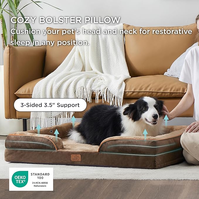 Bedsure L Plus Orthopedic Dog Bed for Large Dogs - Washable Dog Cat Bed Waterproof, L Plus Big Comfort Dogs Couch Sofa with Washable Removable Cover, Pet Bed with Nonskid Bottom, Brown, 38"