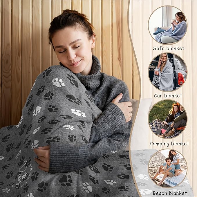 HIWX Dog Blanket, Dog Mom Lovers Owners Gifts for Women, Pet Lovers Gifts, Puppy Paws Print Throw Blanket for Couch Bed Sofa Living Room Bedroom Decor, 50x60 Inches