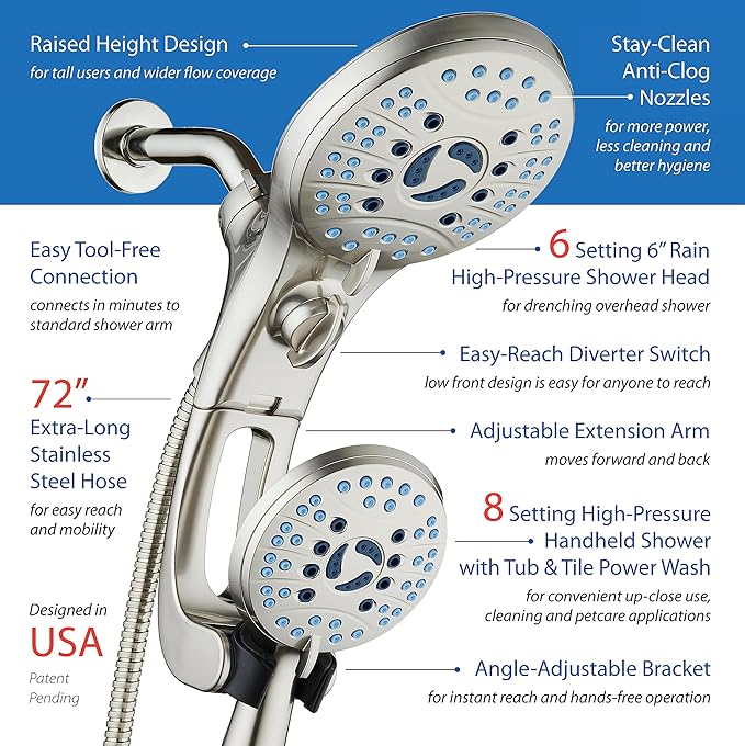 Hotel Spa AquaCare As-Seen-On-TV High Pressure Handheld/Rain 50-mode 3-way Shower Head Combo with Adjustable Arm - Anti-clog Nozzles, Tub & Pet Power Wash, 6 ft. Stainless Steel Hose, Nickel Finish