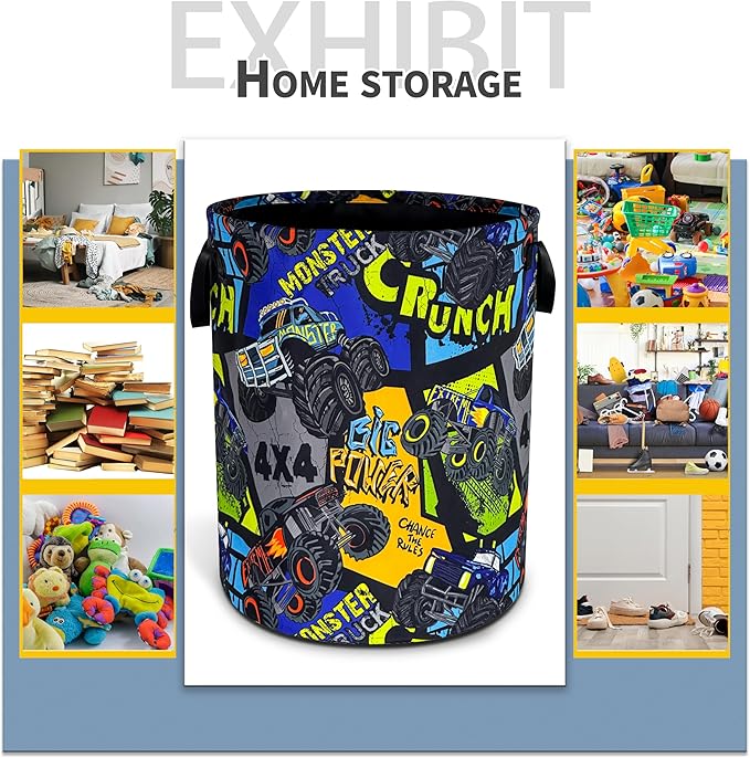 Truck Laundry Basket Big Rig Cartoon Foldable Waterproof Oxford Cloth Funny Tote Bag Laundry Hamper Clothes Storage Bucket Toy Organizer For Bathroom/Laundry Storage/Bedroom 18.9x16.5 Inch