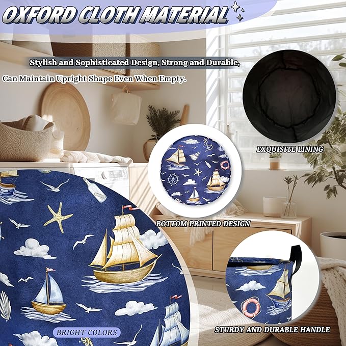 Funny Laundry Basket Foldable Nautical Laundry Hamper With Handle Oxford Cloth Portable Clothes Storage Organizer Basket 18.9"x16.5" Laundry Bag For Laundry Room/Bedroom/Bathrooms