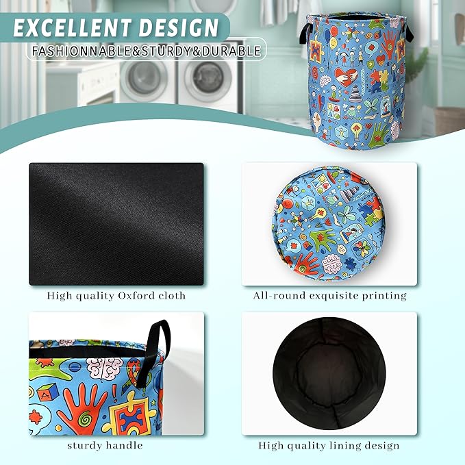 Autism Awareness Doodles Laundry Basket Foldable With Handles ColorfulTote Bag Oxford Cloth Funny Laundry Hamper Clothe Storage Bucket Toy Organizer 18.9"x16.5"For Bathroom/Laundry/Bedroom