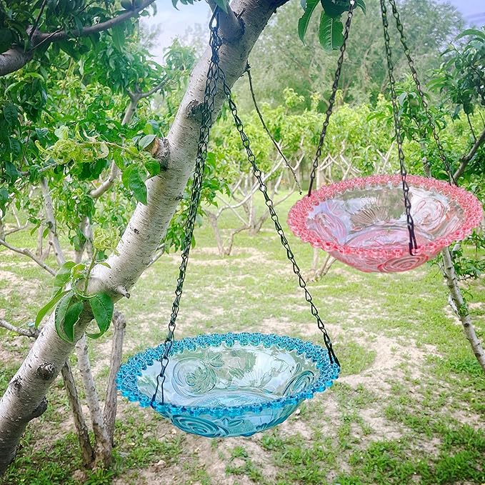 2 Pack Hanging Bird Baths Bowl Outdoor 15.8 Inch Metal Chains, Weather-Resistant Hanging Bird Feeder & Bath Tray for Garden Patio (Plastic, Blue & Pink)