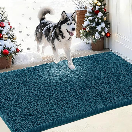 IM HOME Chenille Absorbent Outdoor Doormat 71" x 25", Washable Muddy Door Mats for Dog Non Slip Heavy Indoor Doormat Soft Front Inside Doormats for Entryway, Mud Dog Paws, Patio Teal Blue