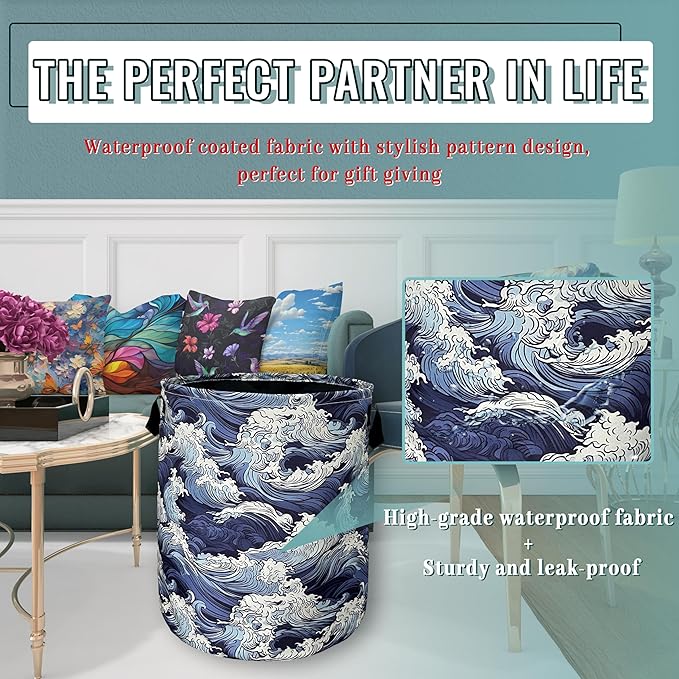 Vintage Sea Waves Laundry Basket With Handles Oxford Cloth Tote Bag Colorful Laundry Hamper 18.9"x16.5 "Foldable Clothes Storage Bucket Toy Organizer For Bathroom/Laundry/Bedroom