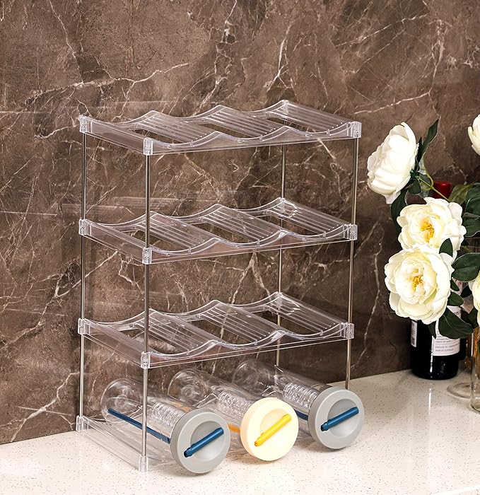 IEEK Plastic Stackable Bottle Storage Holder Rack,Free-Standing Water Bottle/Wine and Drink Organizer Shelf for Kitchen Cabinet,Fridge,Countertop,Pantry,Freezer,2 TiersX3 Bottles,Clear