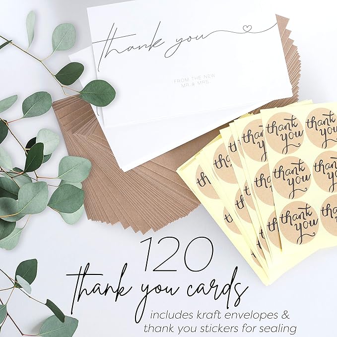 120 Heavyweight Blank Wedding Thank You Cards with Envelopes, Personalized Greetings Gratitude Letter From The New Mr and Mrs, Wedding Thank You Notes with Envelopes & Stickers (4x6 Inches) (120 Pack)