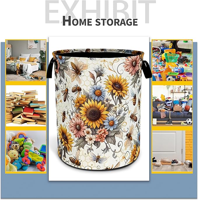 Bee Sunflower Laundry Basket Flower Foldable Oxford Cloth Funny Tote Bag Laundry Hamper Clothes Storage Bucket Toy Organizer For Bathroom/Laundry Storage/Bedroom 18.9x16.5 Inch