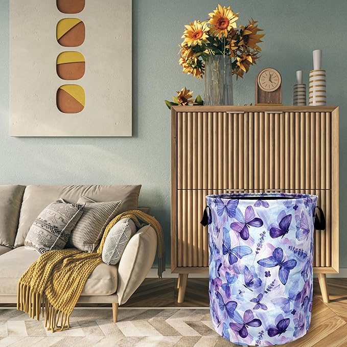 Blue Purple Butterfly Laundry Basket Foldable With Handles Tote Bag Oxford Cloth Colorful Laundry Hamper Clothes Storage Bucket Toy Organizer 18.9" x 16.5" For Bathroom/Laundry/Bedroom
