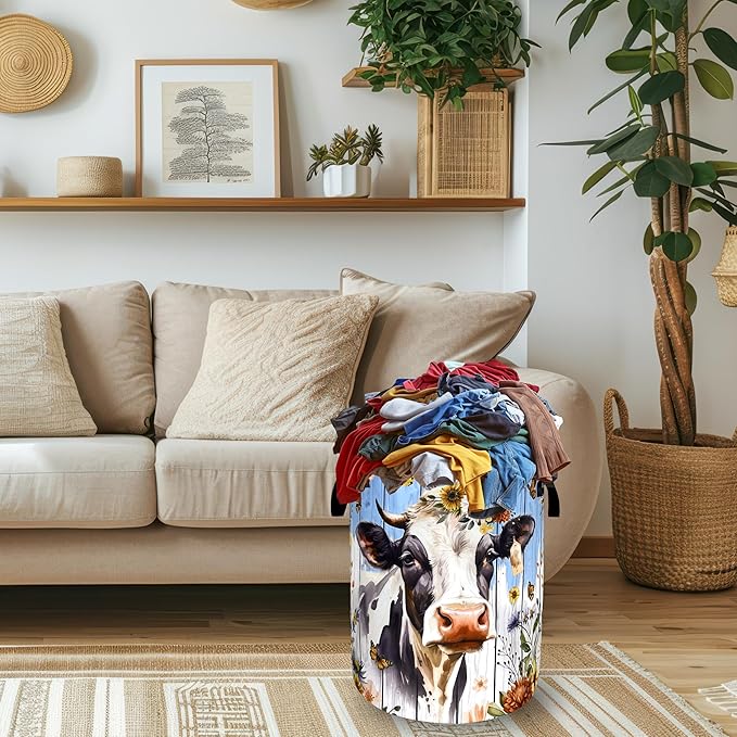 Cute Animal Cows Laundry Basket Foldable Colorful Flowers Laundry Hamper With Handle Oxford Cloth Portable Clothes Storage Organizer Basket 18.9"x16.5" Laundry Bag For Laundry Room/Bedroom/Bathrooms