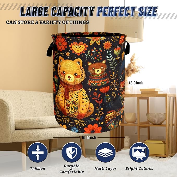 Abstract Watercolor Cats Laundry Hamper Oxford Cloth Animals Cat Laundry Basket With Handle Portable Clothes Storage Basket Foldable Laundry Bag 18.9"x16.5" For Laundry Room/Bedroom/Bathroom