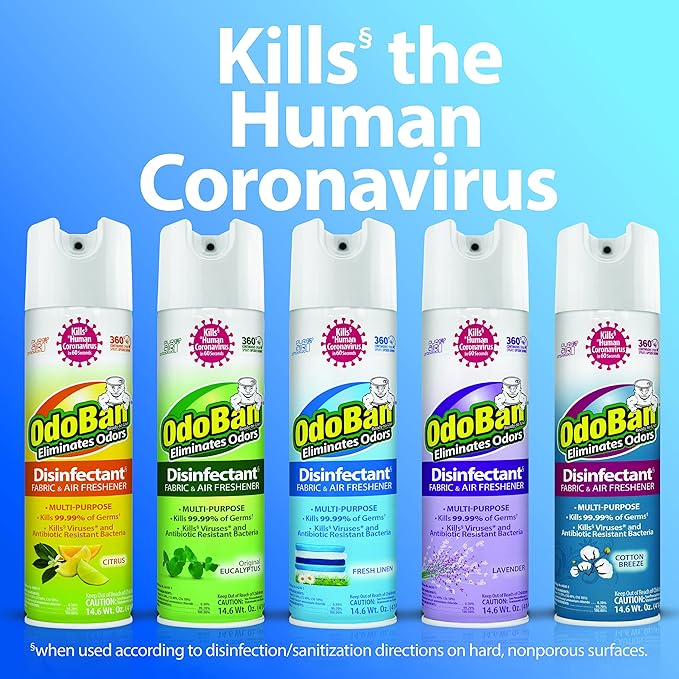 OdoBan Ready-to-Use 360-Degree Continuous Spray Disinfectant and Harsh Aroma Eliminator, Fabric and Air Freshener, 2 Pack, 14.6 Ounces Each, Fresh Linen Scent