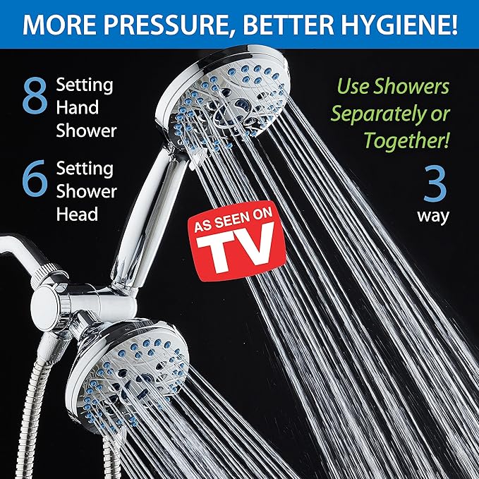 Hotel Spa AquaCare As-Seen-On-TV High Pressure 48-setting Rain & Handheld 3-way Shower Head Combo - Anti-clog Nozzles/Tub, Tile & Pet Power Wash/Extra Long 6 ft. Hose/All Chrome Finish