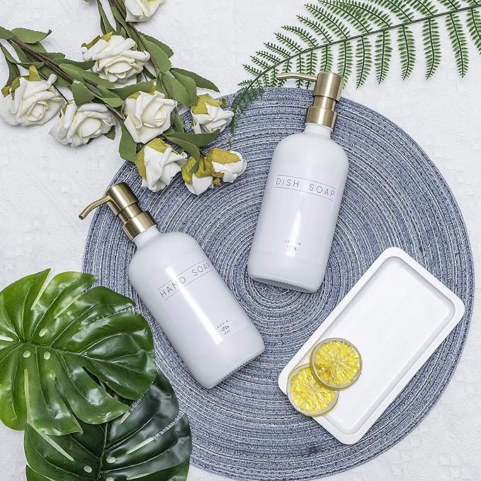 Glass Soap Dispenser for Kitchen with Stainless Steel Pump and Wood Tray, Modern Bathroom Dispenser with Waterproof Labels for Hand, Dish Soap, Lotion(White Bottles+Gold Pumps)