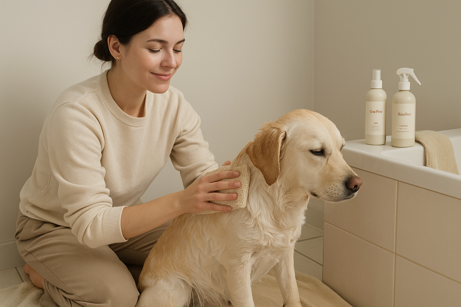 A woman gently bathing her dog beside CocoPaw refill bottles in a soft beige bathroom, representing calm and mindful pet care.