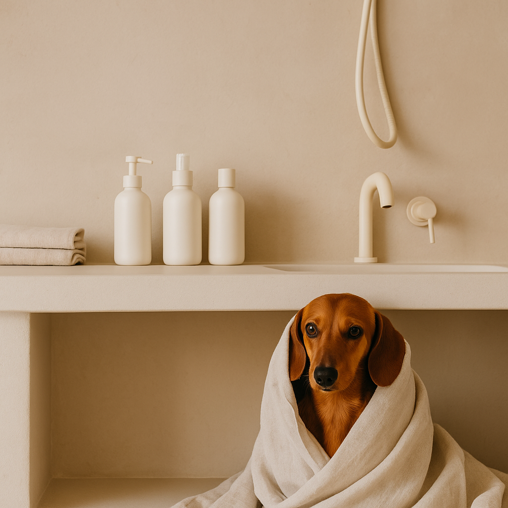 CocoPaw bath and grooming refill products including pet shampoo, conditioner, and calming mist bottles in a beige minimalist bathroom with linen towels and a calm dog