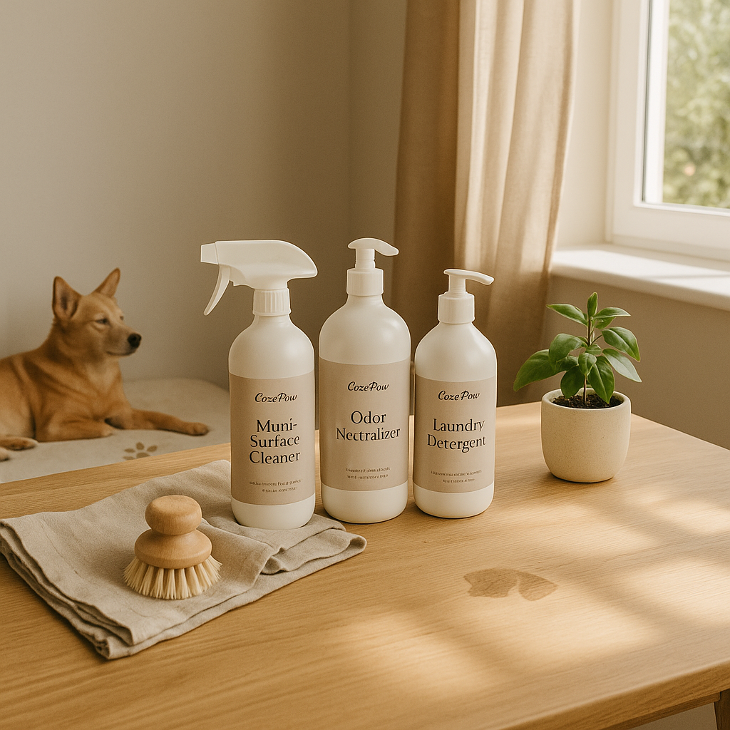 CocoPaw eco-luxury home cleaning refills displayed on a wooden countertop with a calm dog resting nearby, sunlight through window, linen towels, and green plant for a warm natural aesthetic.