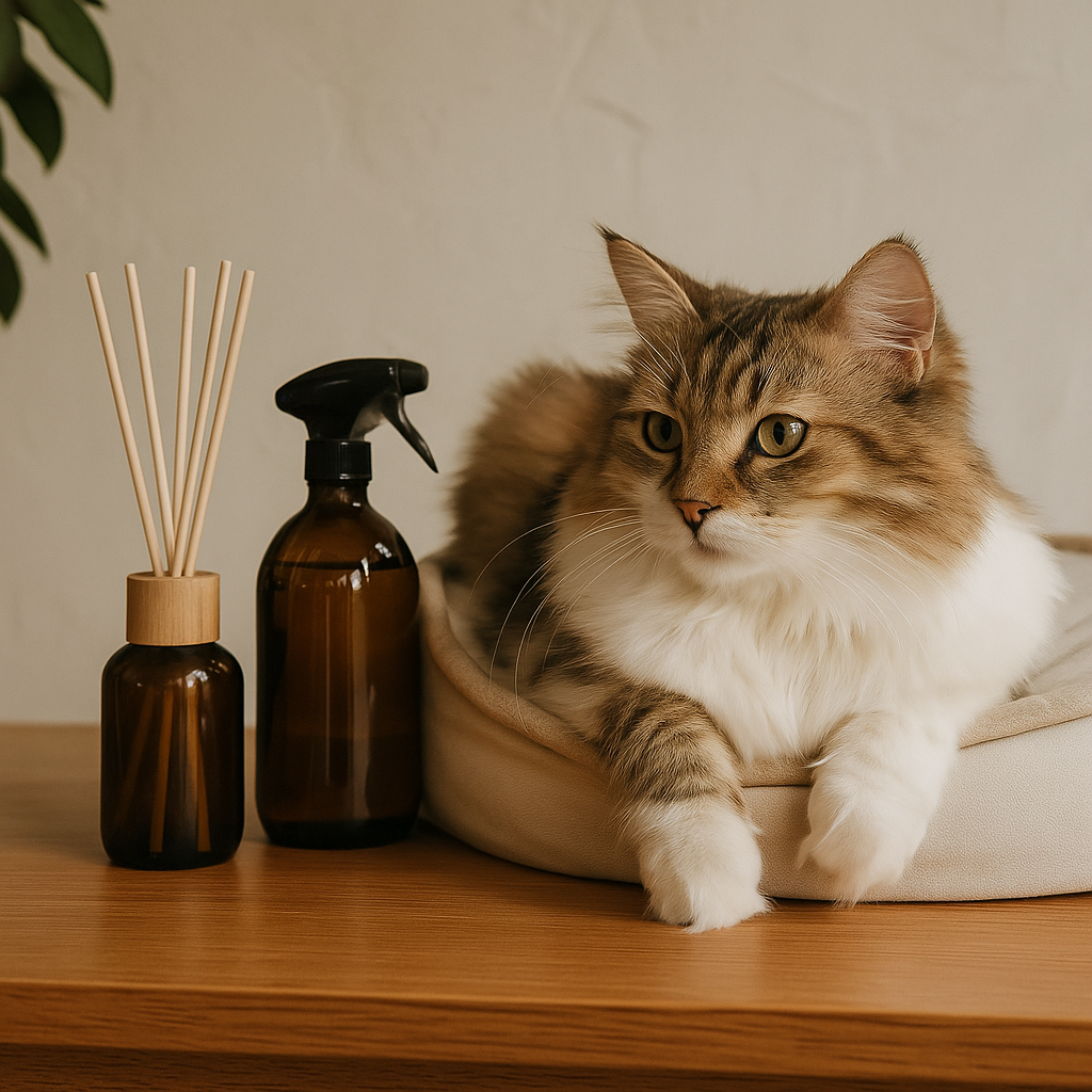 CocoPaw home fragrance and decor products with a calm cat resting beside ceramic diffuser and amber spray bottles in a cozy, beige-toned interior.