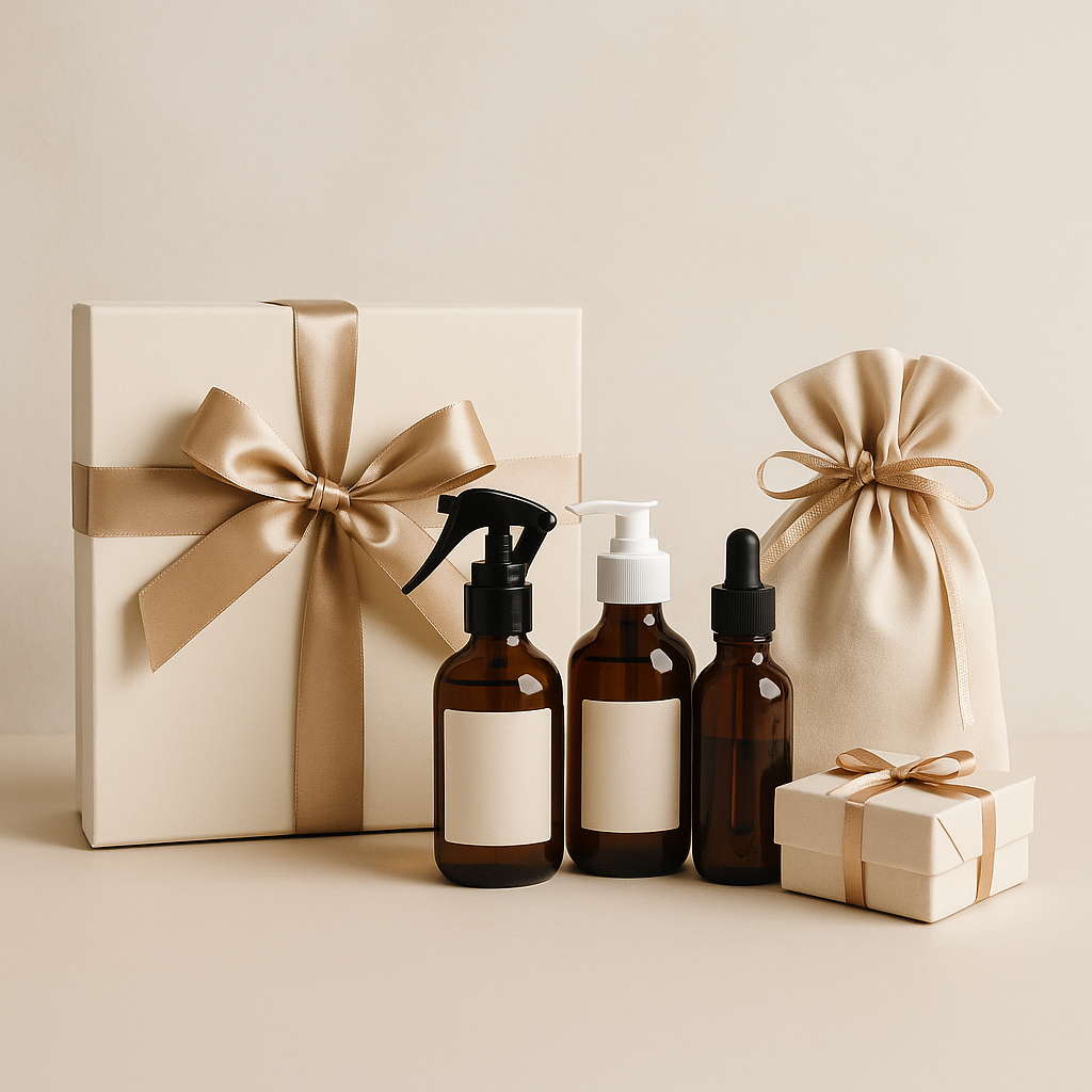 CocoPaw luxury refill gift sets featuring ribbon-wrapped bottles and pouches in elegant beige and gold tones, styled with natural light and soft textures.