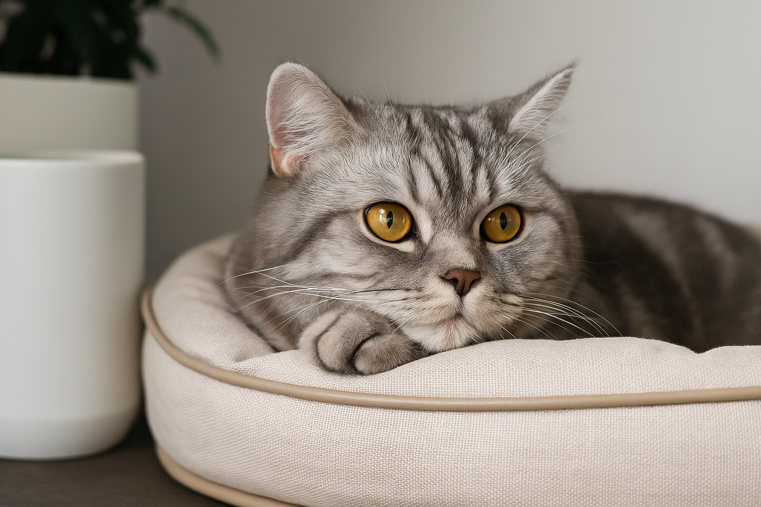 A calm British Shorthair cat resting on a beige cushion beside CocoPaw refill bottles, representing gentle and mindful pet care.