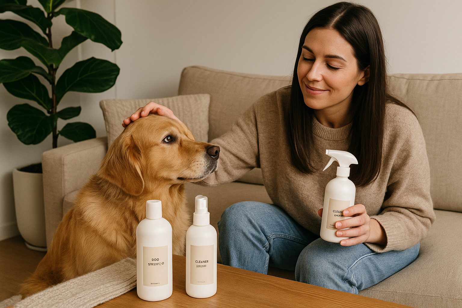 A woman sitting on a beige sofa with her golden retriever, holding a CocoPaw refill spray bottle in a calm, sunlit living room.