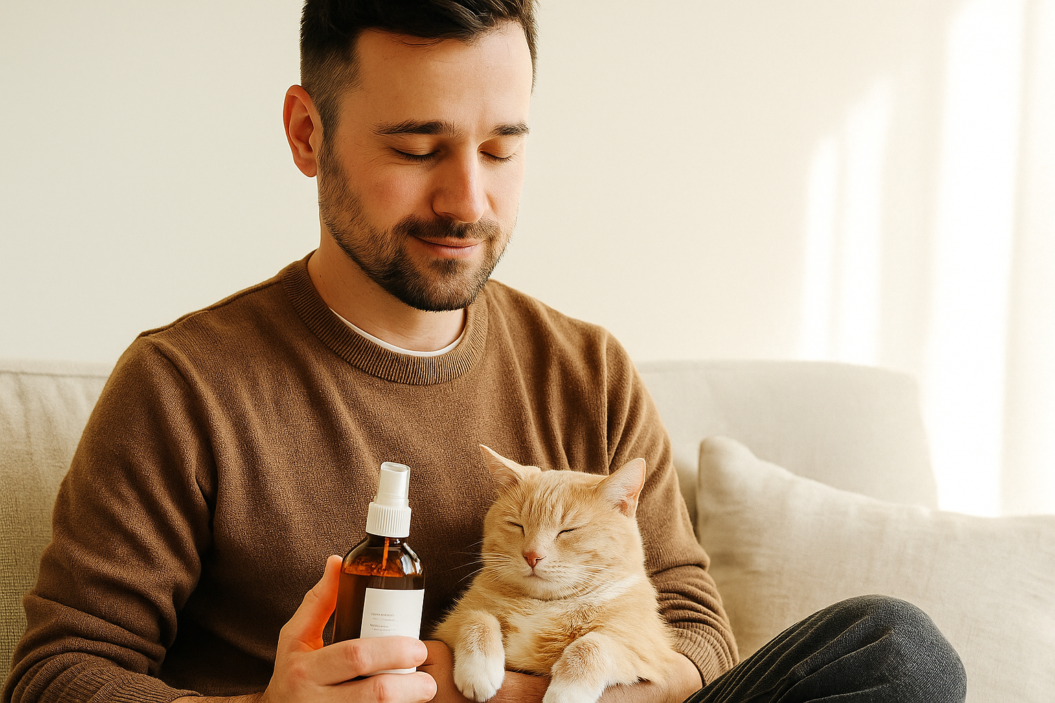 A man sitting on a beige sofa holding a CocoPaw refill spray bottle and his relaxed cat, in a warm, sunlit living room that embodies calm, mindful luxury.