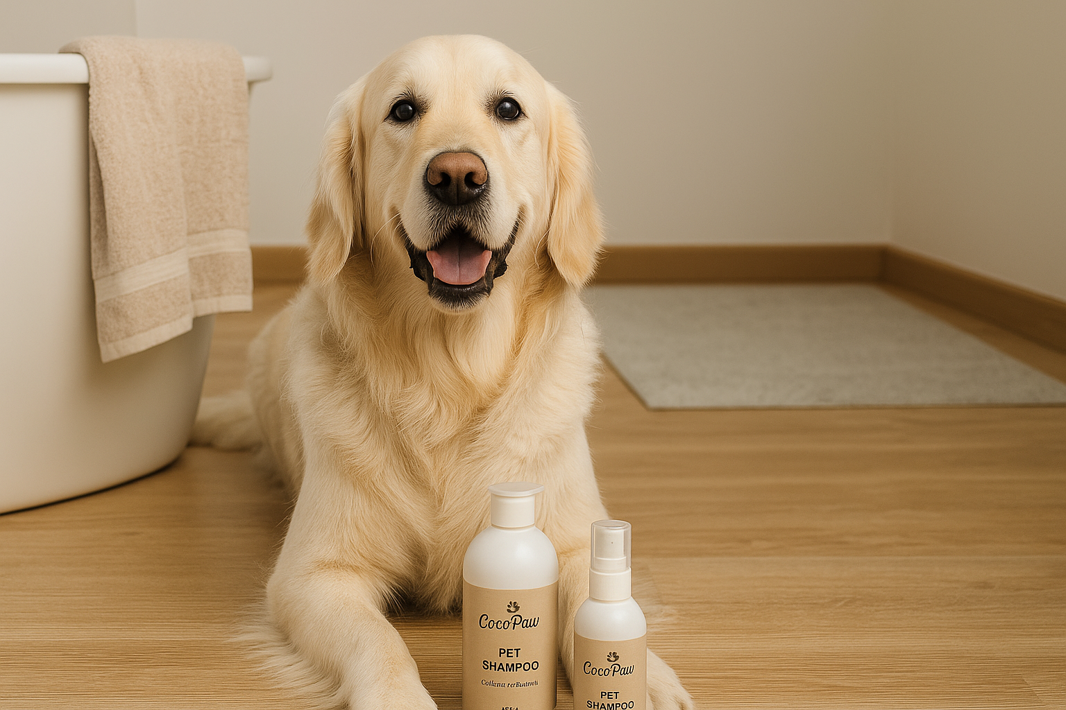 A smiling man holding a CocoPaw refill bottle in a bright, natural-lit home interior, representing eco-friendly and mindful pet care.